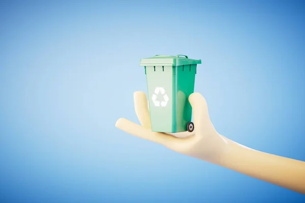 廃棄物リサイクルの概念 ごみ箱を保持する手は リサイクルアイコンを持つことができます 3Dレンダリング — ストック写真