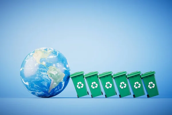 Utrzymanie Sytuacji Ekologicznej Planecie Kosze Śmieci Ikonami Recyklingu Planetą Renderowanie — Zdjęcie stockowe