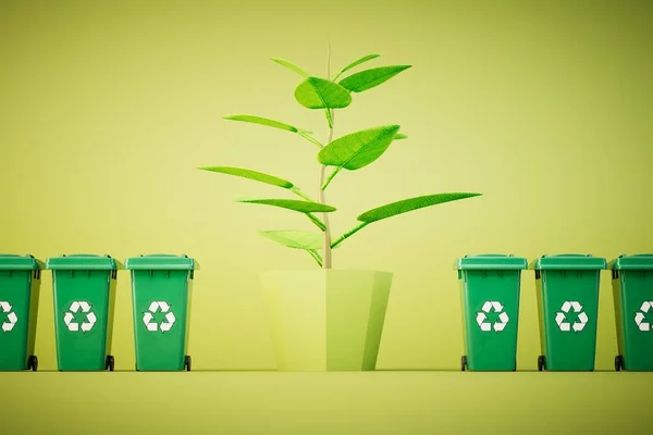 Utrzymanie Sytuacji Ekologicznej Planecie Kosze Śmieci Ikonami Recyklingu Drzewem Renderowanie — Zdjęcie stockowe
