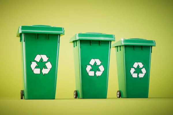廃棄物リサイクルの概念 緑の背景にリサイクルアイコンを持つゴミ箱 3Dレンダリング — ストック写真