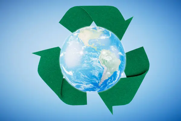 Recyklace Eko Recyklace Zeleného Symbolu Recyklační Značka Pozadí Zeměkoule Vykreslení — Stock fotografie