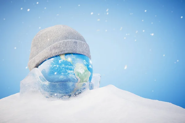 Concept Onset Cold Weather Planet Hat Snow Render — Stock Photo, Image
