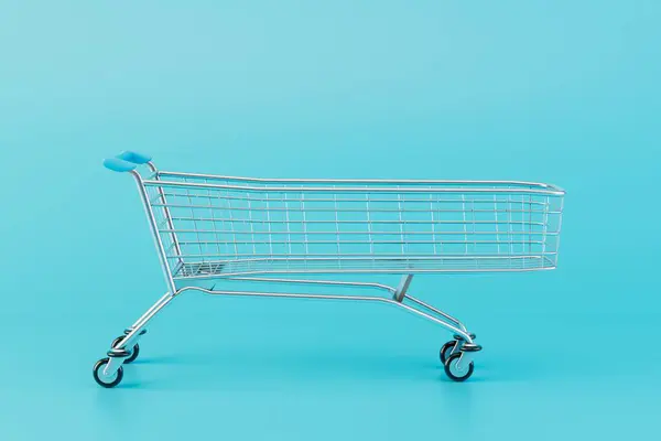 Empty shopping trolley isolated on blue background. 3d render.
