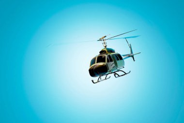 Mavi arka planda uçan helikopter. 3 boyutlu görüntüleme. resimleme.