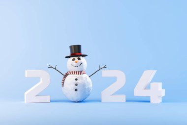 Mavi arka planda şapkalı ve eşarplı gülümseyen kardan adam. Üzerinde 2024 yazıyor. 3 boyutlu görüntüleme. resimleme.