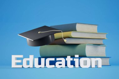 Yüksek öğrenim konsepti. Mavi arka planda bir yığın kitap ve mezuniyet şapkası. 3 boyutlu görüntüleme. resimleme.