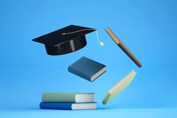 Yüksek öğrenim konsepti. Mavi arka planda bir yığın kitap ve mezuniyet şapkası. 3 boyutlu görüntüleme. resimleme.