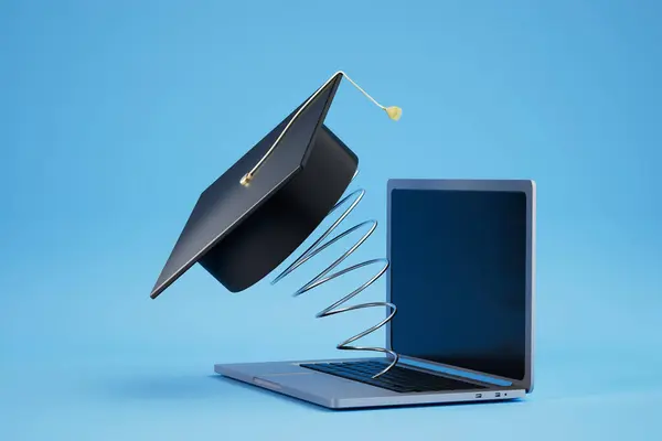 remote higher education. graduate cap on a spring and laptop on a blue background. 3d render. illustration.