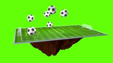 Siyah ve beyaz futbol topları yüzen bir futbol sahasında krom anahtar arka planda 360 derece dönerek zıplıyorlar. 3B Canlandırma
