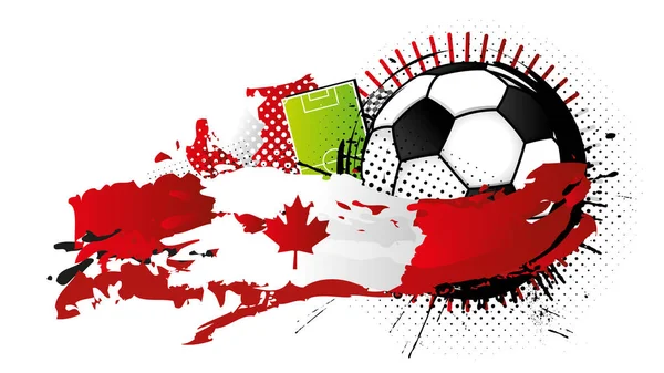 背景にサッカー場があるカナダの旗を形成する赤と白の斑点に囲まれた黒と白のサッカーボール ベクトル画像 — ストックベクタ