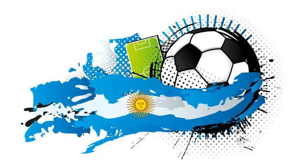 背景にサッカー場があるアルゼンチンの国旗を構成するライトブルーとホワイトのスポットに囲まれた黒と白のサッカーボール ベクトル画像 — ストックベクタ
