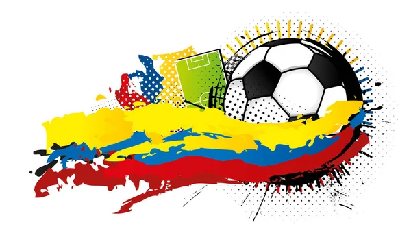 黑白相间的足球被黄色 蓝色和红色的斑点环绕 形成了厄瓜多尔国旗 后方是足球场 矢量图像 — 图库矢量图片