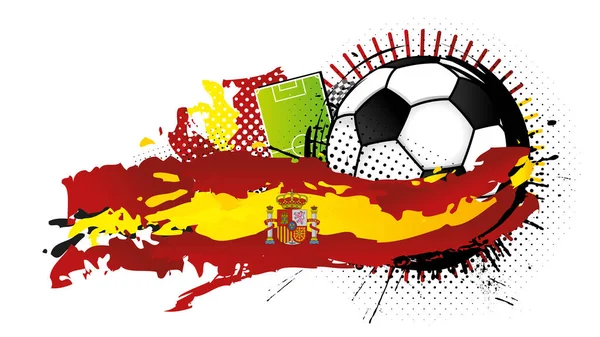 スペインの国旗を形成する黄色と赤の斑点に囲まれた黒と白のサッカーボールの背景にサッカー場があります ベクトル画像 — ストックベクタ