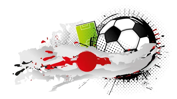 サッカー場を背に日本の旗を形成する赤と白の斑点に囲まれた黒と白のサッカーボール ベクトル画像 — ストックベクタ