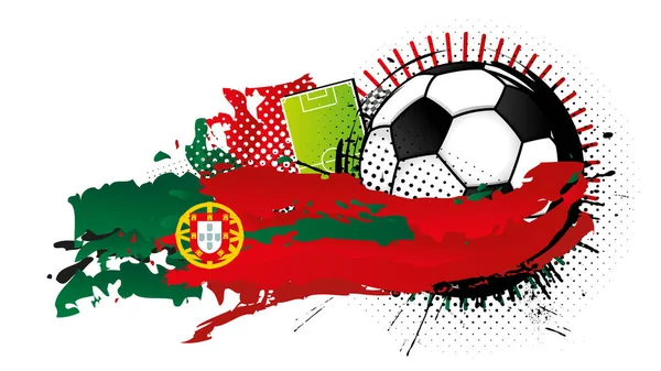 하얀색 축구공 녹색으로 뒤에는 축구장 포르투갈의 국기가 그려져 Vector Image — 스톡 벡터