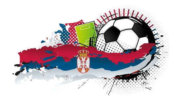 黒と白のサッカーボールが赤 白の斑点に囲まれ セルビアの国旗とサッカー場が背景に形成されている ベクトル画像 — ストックベクタ