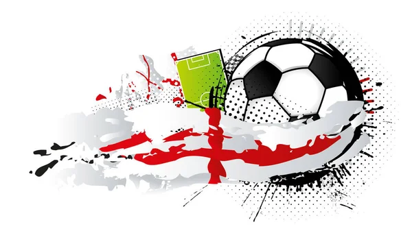 黒と白のサッカーボールが赤と白の斑点に囲まれ 背後にサッカー場があるイングランドの旗を形成している ベクトル画像 — ストックベクタ