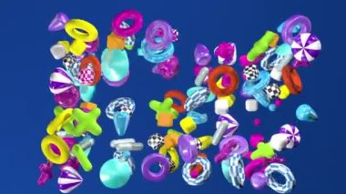 Geometrik şekiller, küpler, silindirler, haçlar ve sarı, yeşil, turuncu, morumsu ve eflatun halkalardan oluşan soyut arkaplan koyu mavi bir arkaplanda düzensiz bir şekilde yüzüyor. 3d canlandırma
