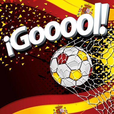 Bir futbol topunun yanında İspanyol bayrakları ve sarı ve kırmızı konfetilerin arka planında gol atan GoOOOOL kelimesi. Vektör resmi