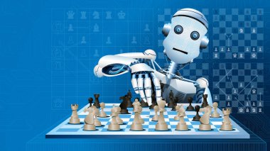 Satranç oynayan beyaz insan biçimli robot, satranç stratejileri ile mavi bir zemine karşı siyah bir taşı hareket ettiriyor.