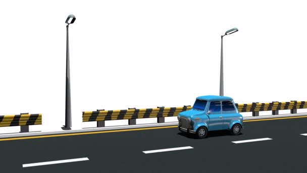 Mały Niebieski Samochód Kompaktowy Jadący Drodze Ciągu Dnia Białym Tle — Wideo stockowe