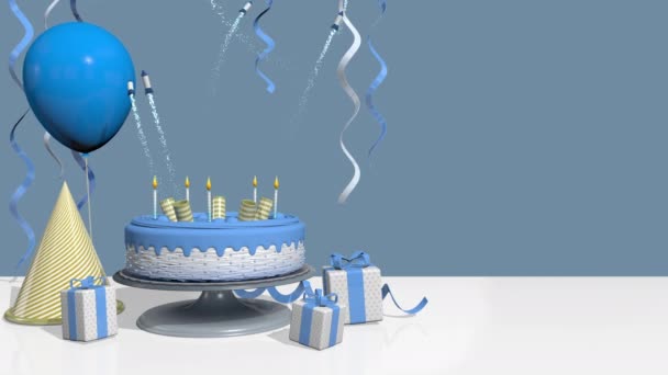 Biały Tort Urodzinowy Niebieską Śmietaną Palącymi Się Świecami Wystrzelonymi Rakietami — Wideo stockowe