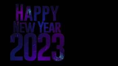 Yeni yıl 2023 tebrik kartı. Mavi, mor, morumsu ve beyaz renkli havai fişeklerden oluşan bir grup siyah arka planda fotokopi alanı ile birlikte patlıyor. Döngü dizisi. 3 Boyutlu Canlandırma