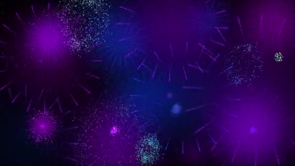 Новогодняя Открытка Группа Синих Фиолетовых Пурпурных Белых Фейерверков Взрывается Черном — стоковое видео