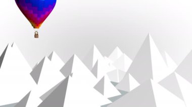 Canlı renklere sahip sıcak hava balonu ve beyaz geometrik dağlar arasında soldan sağa uçan geometrik tasarımlar. Döngü dizisi. 3 Boyutlu Canlandırma