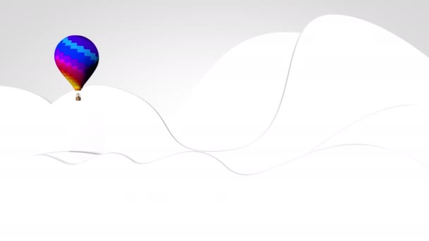 左から右へシルエットの白い山の上を飛ぶ鮮やかな色と幾何学的なデザインの熱気球 ループシーケンス 3Dアニメーション — ストック動画