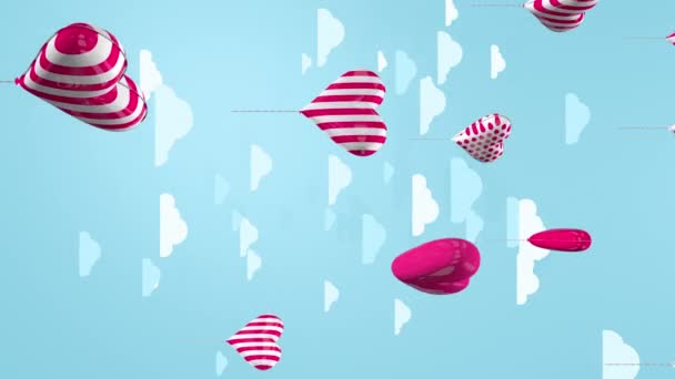 情人节背景 红白相间的心形气球向上飞行 在蓝天上旋转 云彩飘扬 垂直录像 循环序列 3D动画 — 图库视频影像