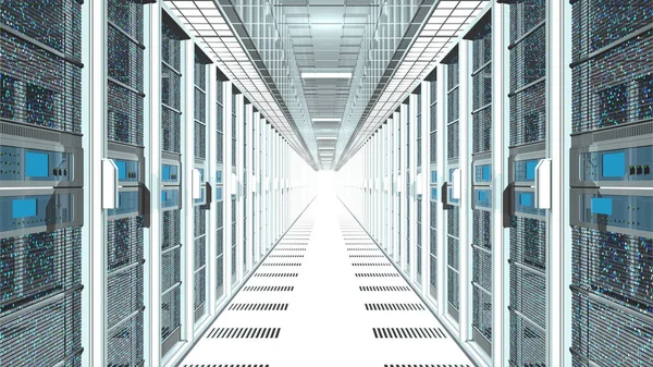 Front view of data center corridor with white servers with blue lights on both sides projecting into infinity with white light at the end of the servers. 3d Illustration