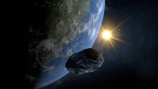 背景に太陽が輝く小さな岩の小惑星が地球に非常に近くを通過します 3Dイラスト — ストック写真