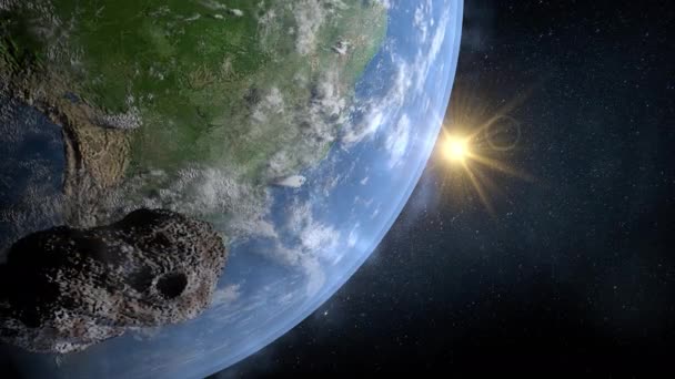 Small Rock Asteroid Passes Left Right Hovering Very Close Planet — Wideo stockowe