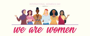 Greeting Card of INTERNATIONAL WOMEN S DAY. 6 embracing women of different ethnicities in their traditional dress on white background. Vector image