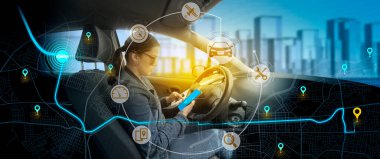 City map with route marked with pins and icons of car, satellite, mechanic with background of young woman sitting behind the wheel of her vehicle checking the route of her trip on her smartphone