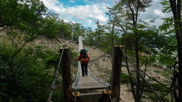 stock image Young tourist man with backpack seen from behind crossing a suspension bridge surrounded by trees on a sunny day