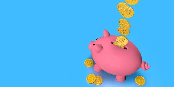 Top view of gold coins falling inside pink ceramic piggy bank standing against blue background. Image with copy space. 3D Illustration