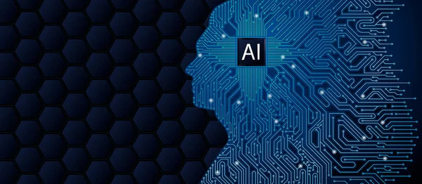 浅蓝色线条的电路板 带有字母Ai的微处理器 在黑色背景下 人脑的蓝色轮廓中插入字母Ai — 图库矢量图片