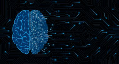Mavi beyin üst görüntüsü yarı insan, yarı makine beyin, siyah devre kartı arka planında devreler ve fotokopi alanı olan rastgele ışıklar. Yapay zeka kavramı