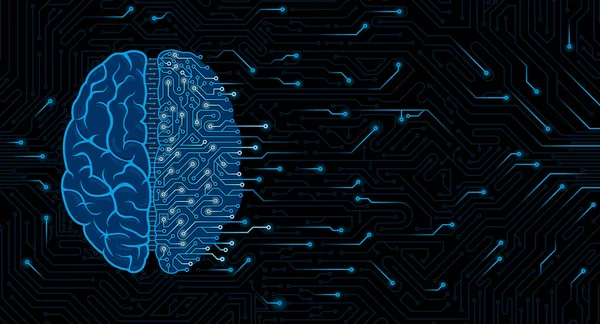青い脳トップビューのイラストコピースペースのランダムな光で暗い回路基板の背景に回路を持つ半人半機械の脳 人工知能の概念 — ストックベクタ