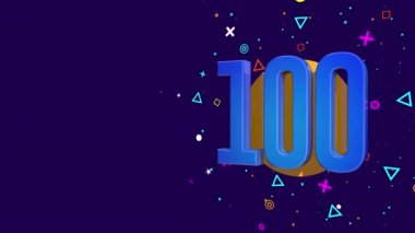 Turuncu bir daire üzerine 100 numaralı mavi kart, mor, beyaz ve sarı yıldızlar, daireler, üçgenler ve kareler püskürterek dönen daireler oluşturur. Döngü dizisi. 3B Canlandırma