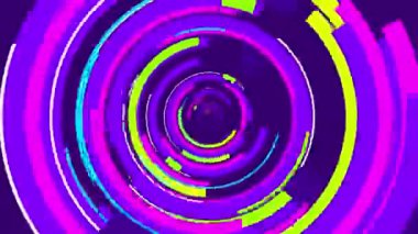 Mor, mor ve yeşil halkalar koyu mor arka planda rastgele dönüyor. Döngü dizisi. 3B Canlandırma