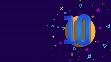 Turuncu bir çemberde mor, beyaz ve sarı yıldızlar, daireler, üçgenler ve kareler püskürten mavi 10 numaralı tebrik kartı dönen daireli koyu mor bir arka plana karşı. Döngü dizisi. 3B Canlandırma