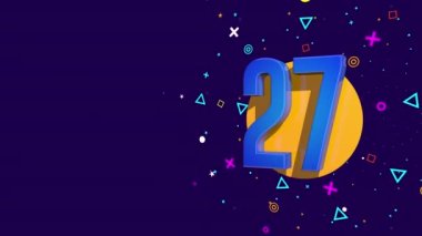 Turuncu bir dairede 27 numaralı mavi kart mor ve sarı yıldızlar, daireler, üçgenler ve kareler püskürterek dönen dairelerle birlikte koyu mor arka plana karşı. Döngü dizisi. 3B Canlandırma