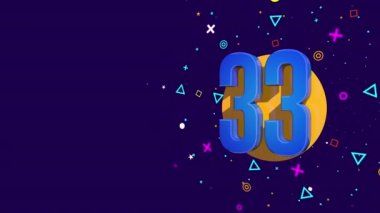 Turuncu bir dairede 33 numaralı mavi kartın üzerinde mor ve sarı yıldızlar, daireler, üçgenler ve kareler, dönen dairelerle birlikte koyu mor arka plana karşı. Döngü dizisi. 3B Canlandırma
