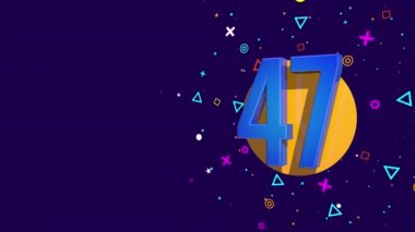 Turuncu bir çemberde, turuncu ve sarı yıldızlar, daireler, üçgenler ve kareler püskürten 47 numaralı mavi kart, dönen daireli koyu mor arka plana karşı. Döngü dizisi. 3B Canlandırma