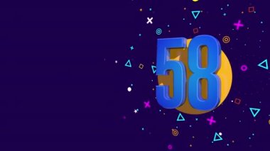 Turuncu bir çemberde 58 numaralı mavi kart mor ve sarı yıldızlar, daireler, üçgenler ve kareler püskürterek dönen dairelerle birlikte koyu mor arka plana karşı. Döngü dizisi. 3B Canlandırma