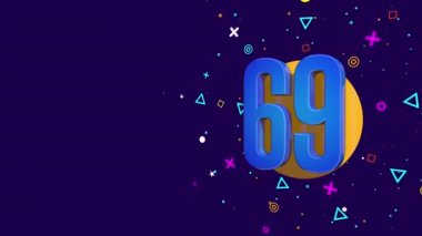 Turuncu bir çemberde 69 numaralı mavi kart mor ve sarı yıldızlar, daireler, üçgenler ve kareler püskürterek dönen daireler oluşturur. Döngü dizisi. 3B Canlandırma