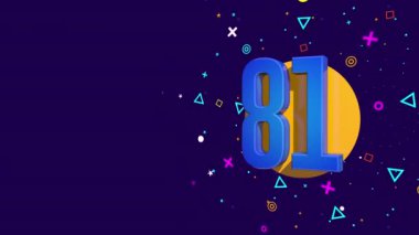 Turuncu bir çemberin üzerinde 81 numaralı mavi kart mor ve sarı yıldızlar, daireler, üçgenler ve kareler püskürterek dönen dairelerle birlikte koyu mor arka plana karşı. Döngü dizisi. 3B Canlandırma